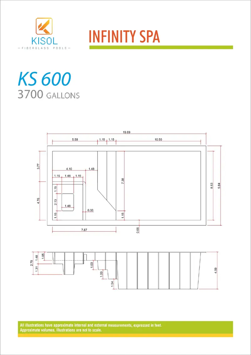 Kisol Infinity Spa dimension diagram — length, width, and depth measurements