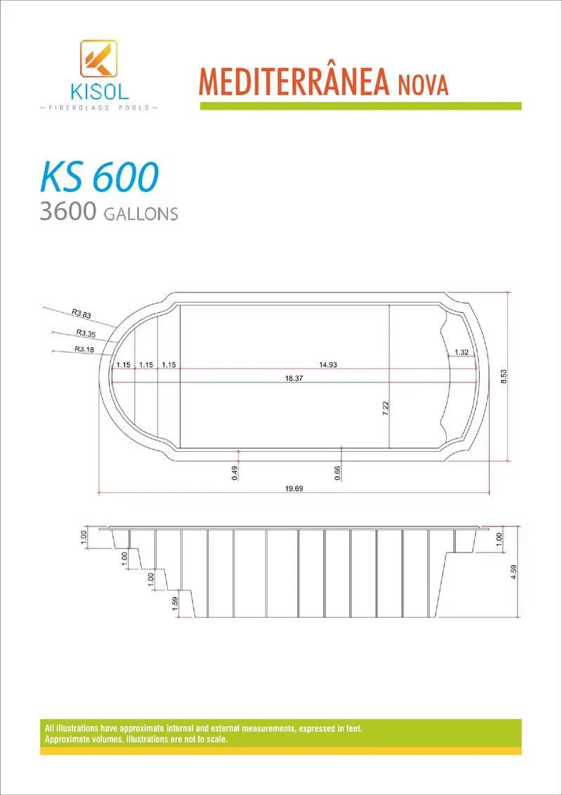 Kisol Mediterranea dimension diagram — length, width, and depth measurements