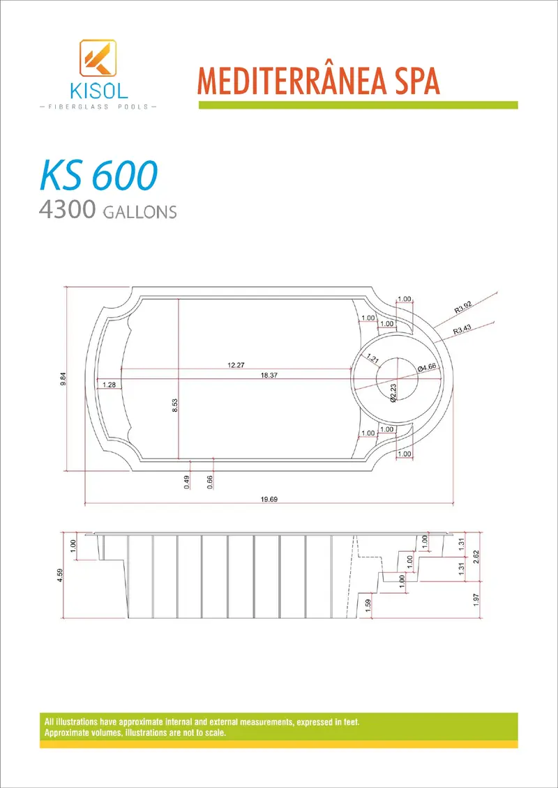 Kisol Mediterranea Spa dimension diagram — length, width, and depth measurements