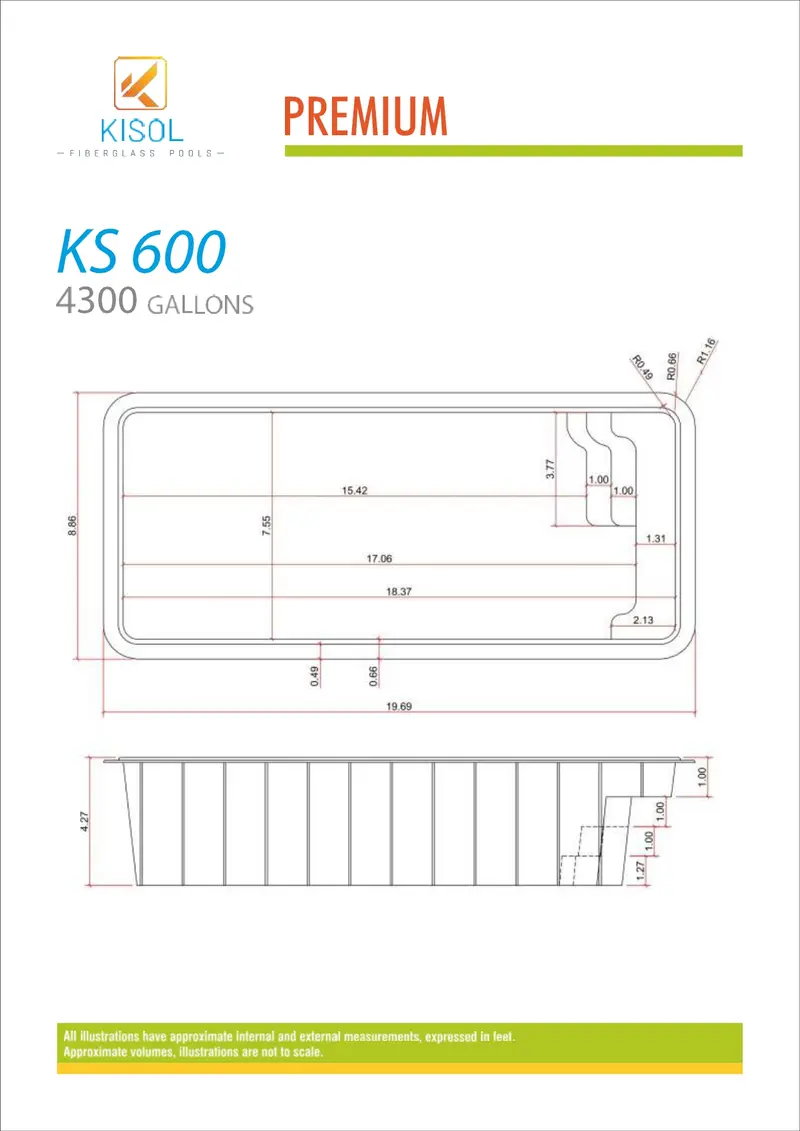 Kisol Premium dimension diagram — length, width, and depth measurements